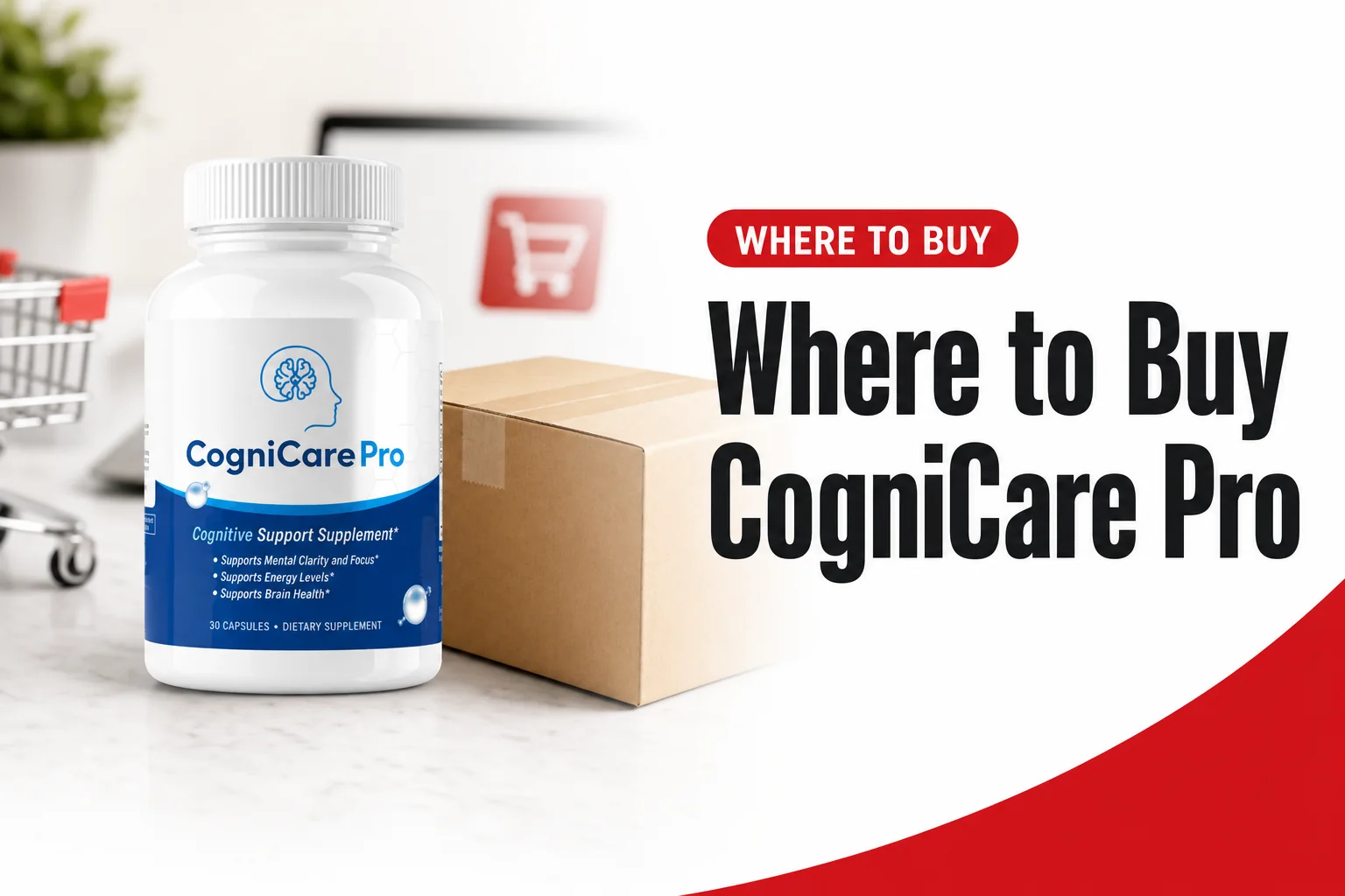 Bright editorial thumbnail with official CogniCare Pro bottle left, real label visible, and the focus keyword 'where to buy cognicare pro' headline on right.